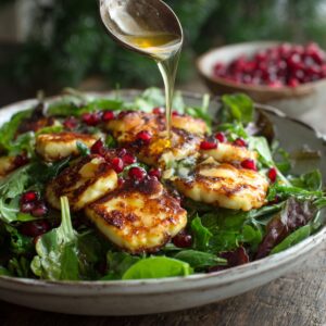 Warm halloumi salad topped with pomegranate seeds, being drizzled with golden honey dressing over a bed of fresh greens.
