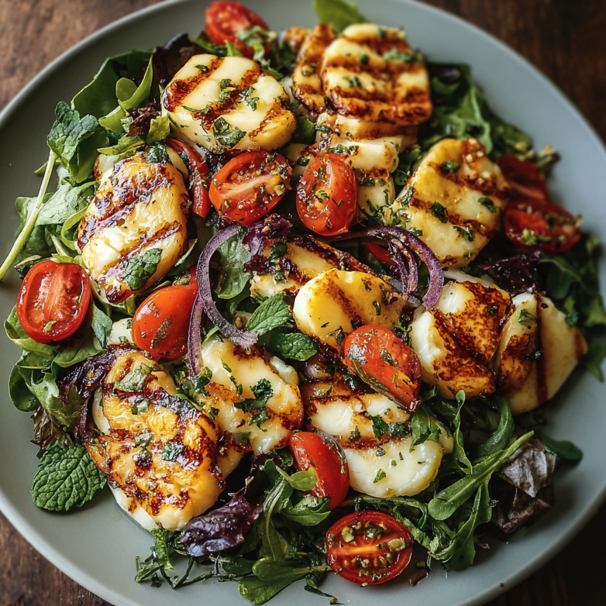 A fresh salad bowl featuring grilled halloumi slices, cherry tomatoes, red onions, and leafy greens tossed in herb dressing.