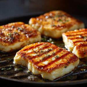 Close-up of grilled halloumi cheese slices cooking on a grill pan, glistening with olive oil and sprinkled with herbs.