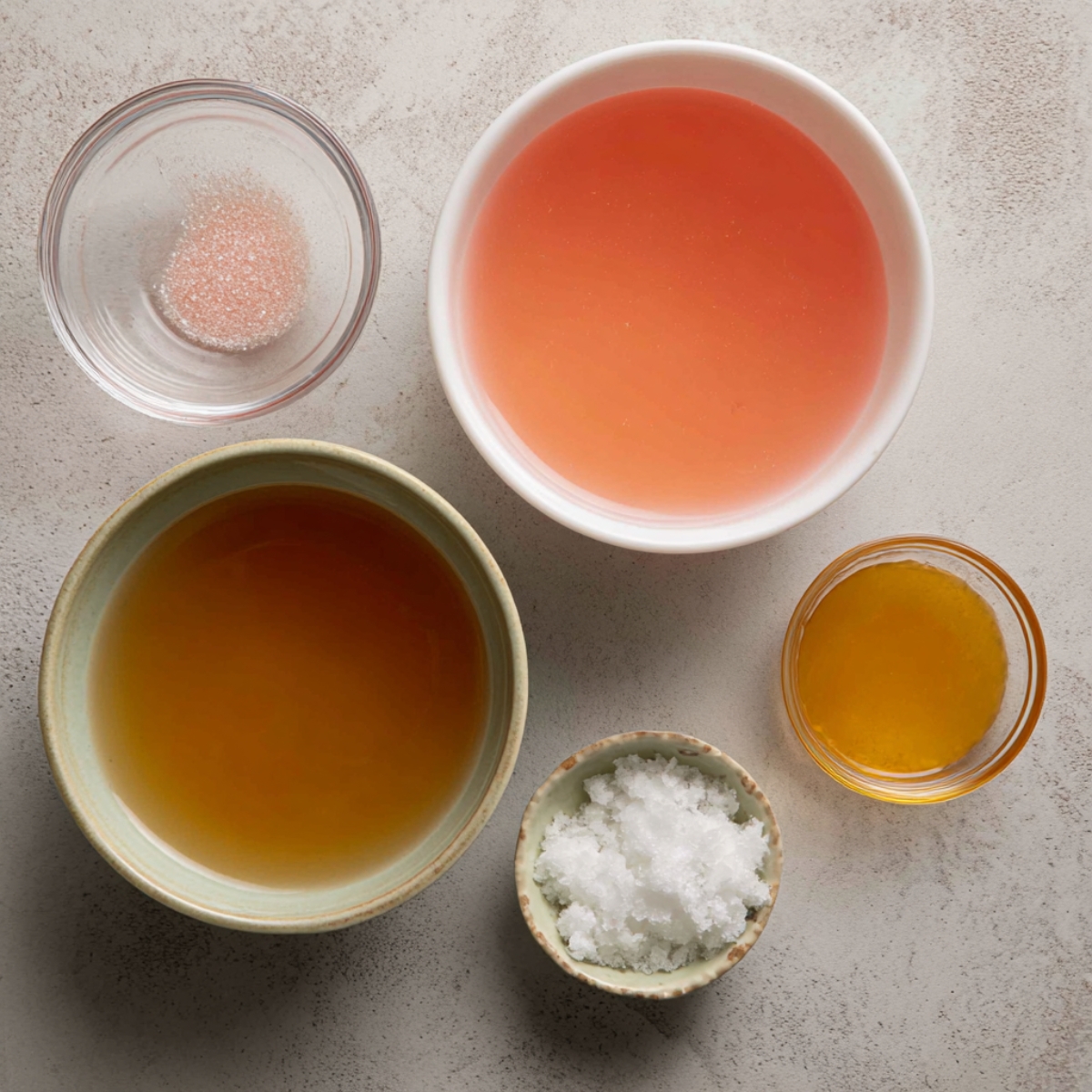 Delicious Guava White Tea Lemonade Recipe 11 A top-down view of small bowls containing ingredients: pink guava juice, brewed white tea, simple syrup, guava syrup, and granulated sugar, arranged neatly on a neutral surface.