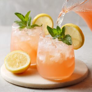 Delicious Guava White Tea Lemonade Recipe 18 Two glasses filled with iced pink guava lemonade garnished with lemon slices and fresh mint, while more of the drink is being poured from a pitcher. A halved lemon rests in the foreground.
