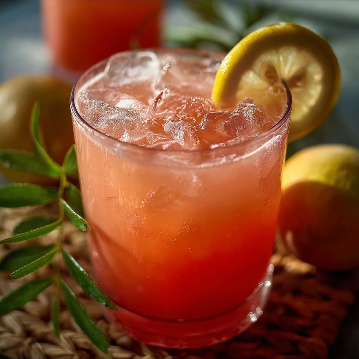Delicious Guava White Tea Lemonade Recipe 13 A close-up of a glass of pink guava lemonade filled with ice and garnished with a lemon slice, with whole guavas and green leaves in soft sunlight behind it.
