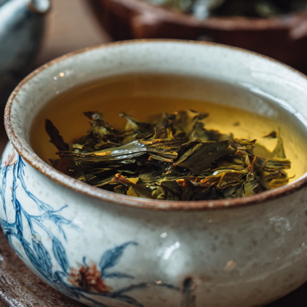 Delicious Guava White Tea Lemonade Recipe 10 A ceramic teacup filled with freshly brewed white tea and loose tea leaves, with a teapot and more dried tea leaves in the background on a rustic wooden table.