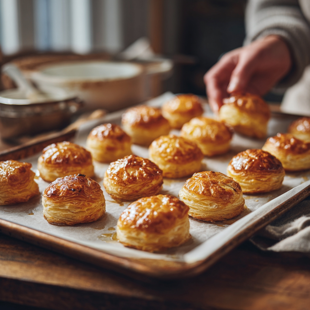 Tray of golden, flaky puff pastry rounds fresh out of the oven, with a person arranging them on parchment paper