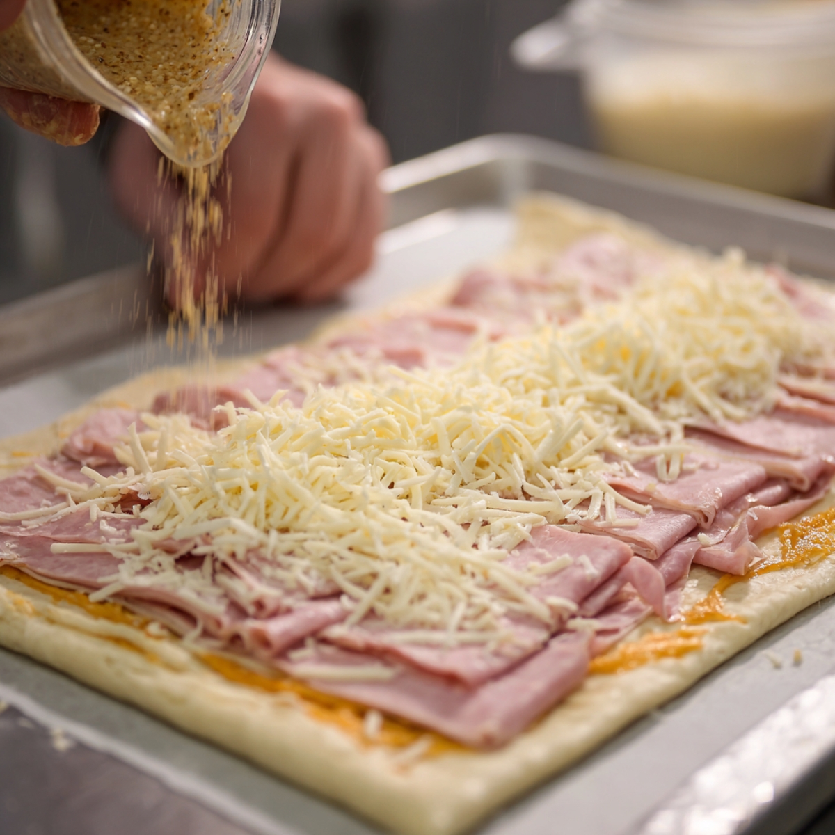 Person sprinkling seasoning over layers of ham and shredded cheese on puff pastry dough, preparing savory rolls before baking.