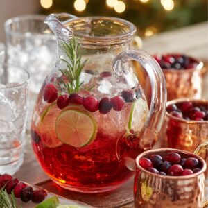 “A clear glass pitcher filled with a red holiday drink base, floating lime slices, cranberries, and rosemary. Surrounding the pitcher are empty glasses with ice and copper mugs on a festive table.”