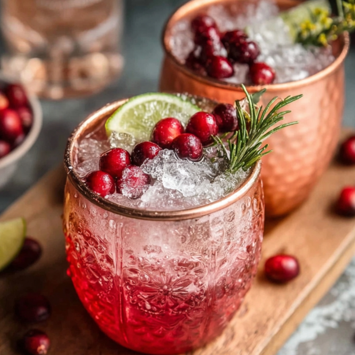 “Two textured copper mugs with a red layered drink and crushed ice, topped with cranberries, a lime wedge, and rosemary. Cranberries and holiday décor appear in the background.”