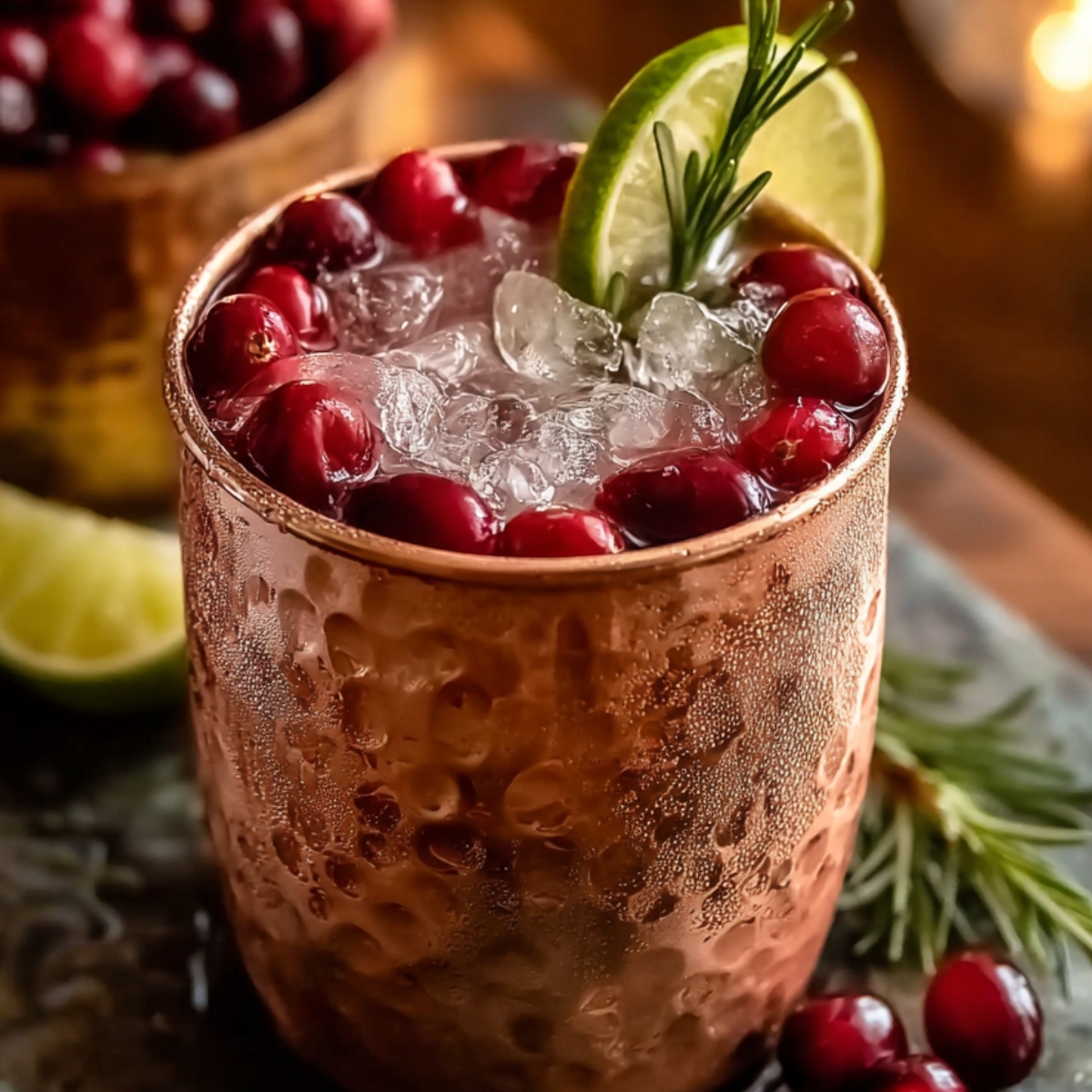 “A frosty copper mug filled with ice and red cranberries, garnished with a lime wheel and a rosemary sprig. The mug shows condensation, and the background includes warm holiday lights.”