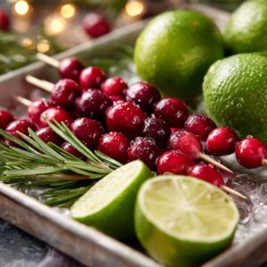 A tray of holiday garnishes including cranberry skewers, fresh rosemary sprigs, and lime halves resting on ice. Cranberries and soft holiday lights are visible in the background.
