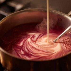 Hot pink tea in a saucepan swirling as milk is poured in, creating a marbled pattern of cream and deep pink under rising steam.