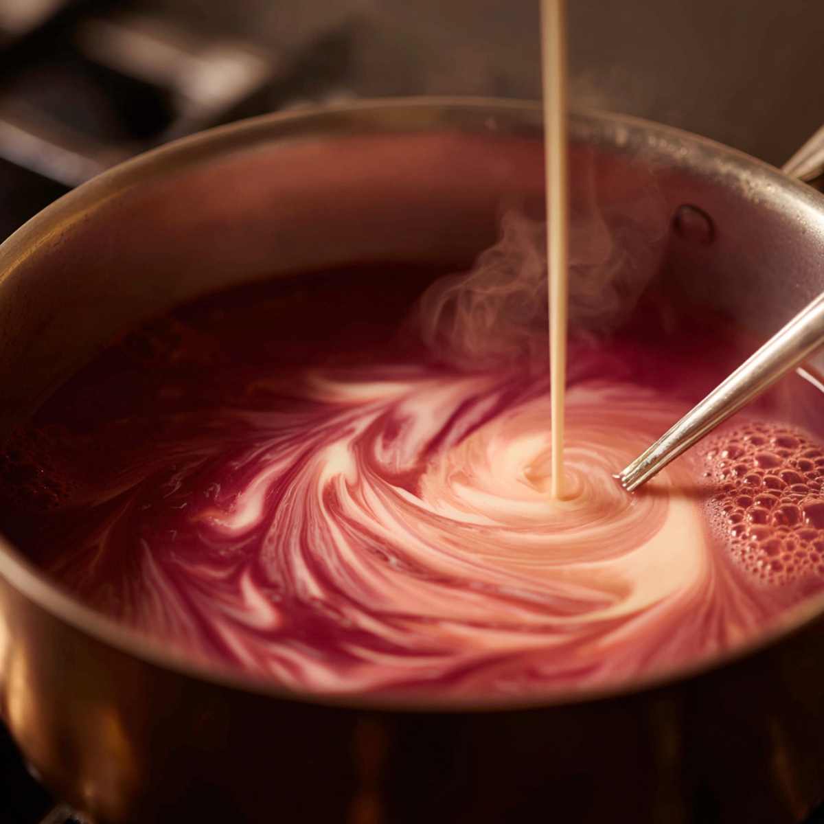 Hot pink tea in a saucepan swirling as milk is poured in, creating a marbled pattern of cream and deep pink under rising steam.
