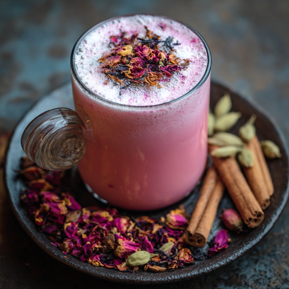 A glass mug of foamy pink Kashmiri chai topped with dried rose petals and spices, resting on a dark plate decorated with rose petals, cardamom pods, and cinnamon sticks.