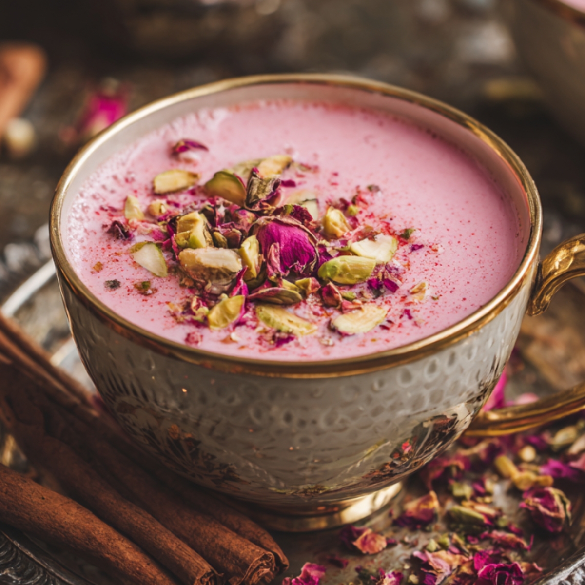A decorative teacup filled with frothy pink Kashmiri chai, topped with crushed pistachios and dried rose petals, placed on an ornate metal tray with cinnamon sticks and scattered rose petals.