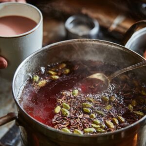 A large pot of simmering pink Kashmiri chai base with floating green cardamom pods, star anise, and tea leaves, being stirred on a stovetop with steam rising.