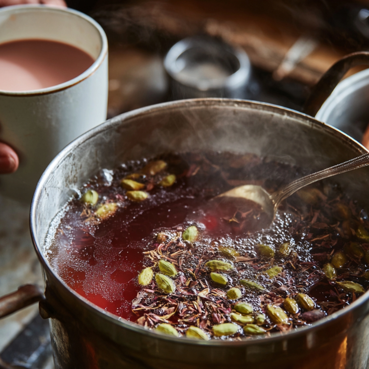 A large pot of simmering pink Kashmiri chai base with floating green cardamom pods, star anise, and tea leaves, being stirred on a stovetop with steam rising.