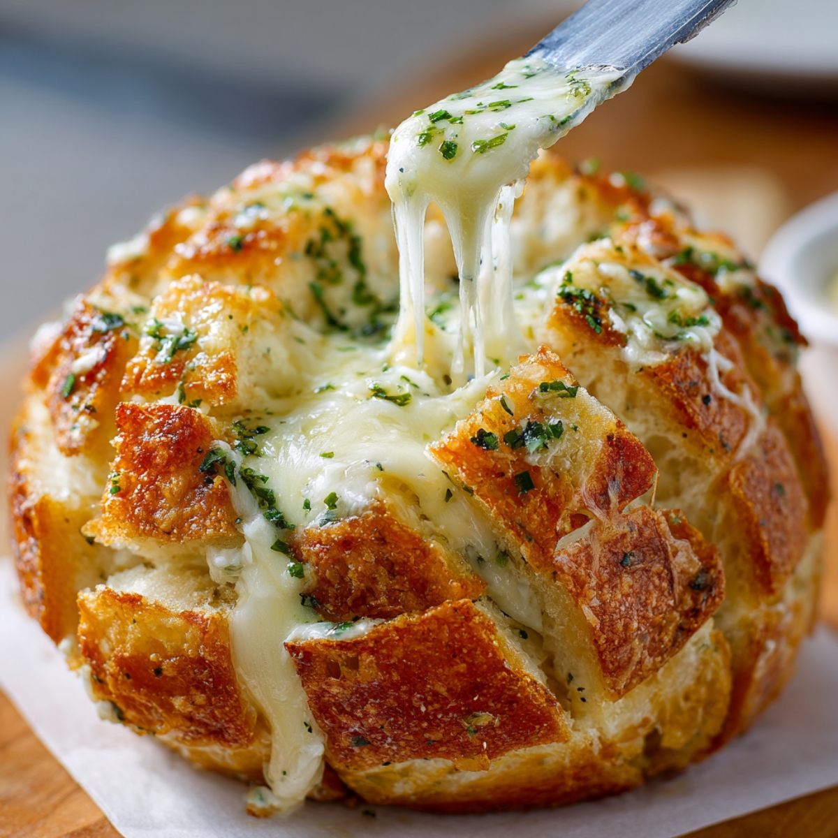 A close-up of pull-apart garlic bread with gooey melted cheese stretching as a piece is lifted, topped with parsley and garlic butter.