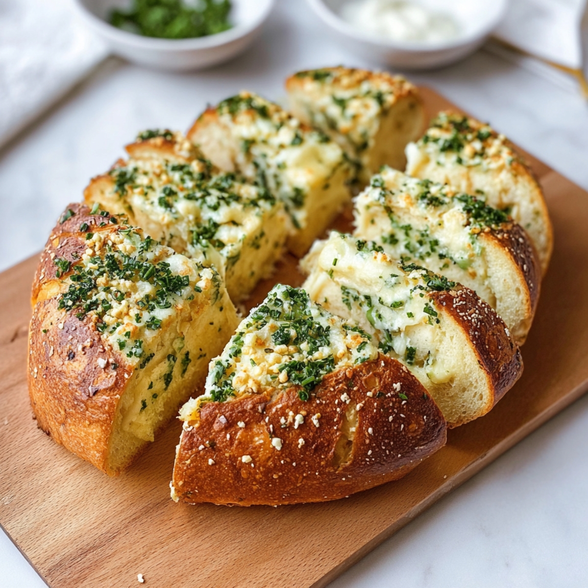 A round loaf of garlic bread cut into sections and topped with melted cheese, minced garlic, and parsley, placed on a wooden board.