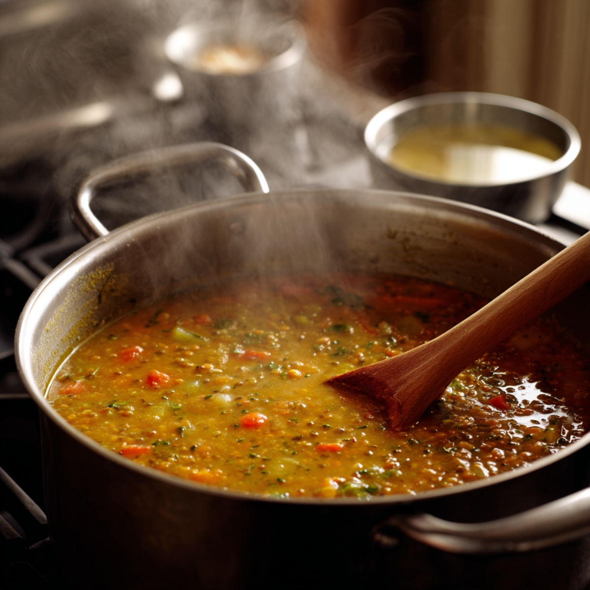 Easy Homemade Lentil Soup Recipe 11 A steaming pot of lentil soup simmering on the stove, filled with vegetables and herbs, with a wooden spoon stirring the mixture.