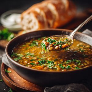 Easy Homemade Lentil Soup Recipe 18 A close-up of a bowl of lentil soup with fresh herbs, as a spoon lifts a hearty scoop, with sliced bread blurred in the background.