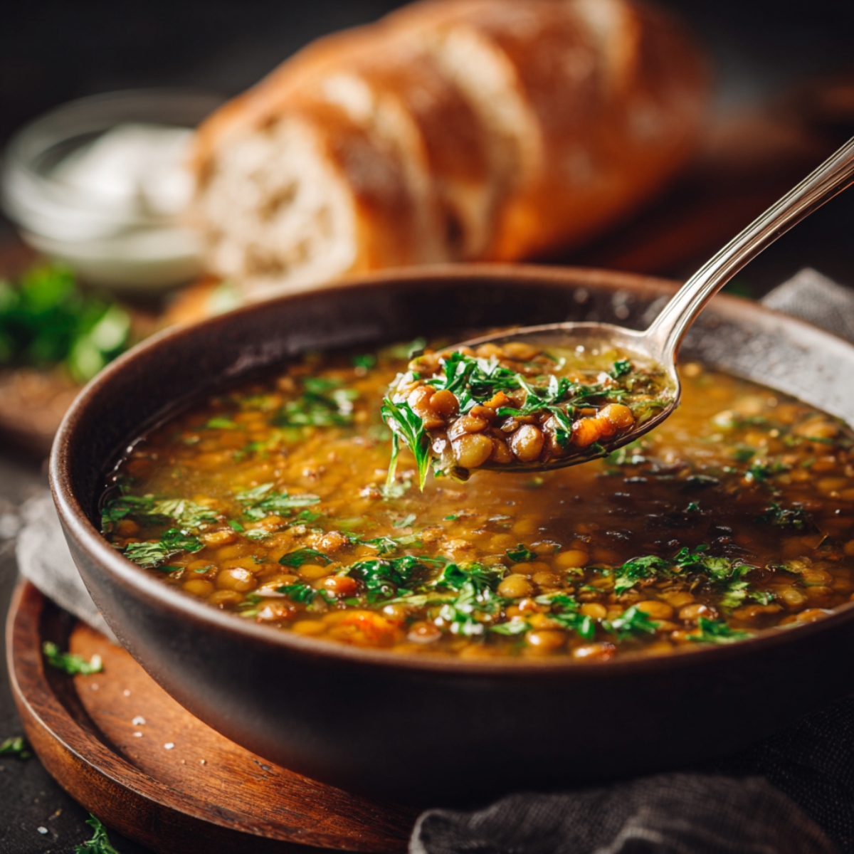 Easy Homemade Lentil Soup Recipe 12 A close-up of a bowl of lentil soup with fresh herbs, as a spoon lifts a hearty scoop, with sliced bread blurred in the background.