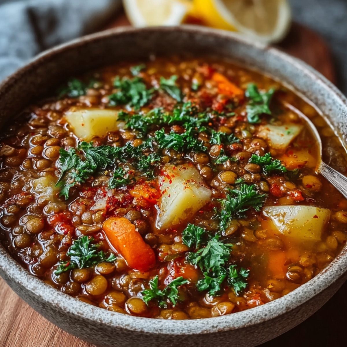 Easy Homemade Lentil Soup Recipe 13 A warm bowl of lentil soup topped with fresh parsley and a dollop of yogurt, served with toasted bread slices on the side.