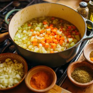 Easy Homemade Lentil Soup Recipe 16 A Dutch oven on a stovetop filled with diced carrots, celery, and onions in broth, surrounded by small bowls of chopped ingredients and spices.