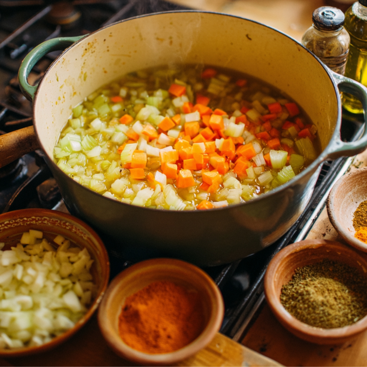 Easy Homemade Lentil Soup Recipe 10 A Dutch oven on a stovetop filled with diced carrots, celery, and onions in broth, surrounded by small bowls of chopped ingredients and spices.
