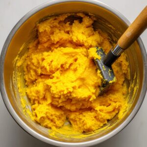A metal mixing bowl filled with smooth, bright yellow mashed potato squash with a masher resting inside.