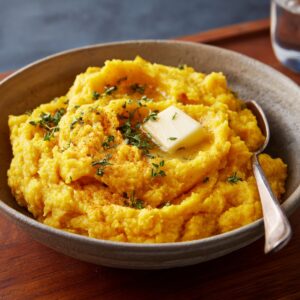 A bowl of creamy mashed potato squash topped with melted butter, fresh herbs, and sprinkled seasoning.
