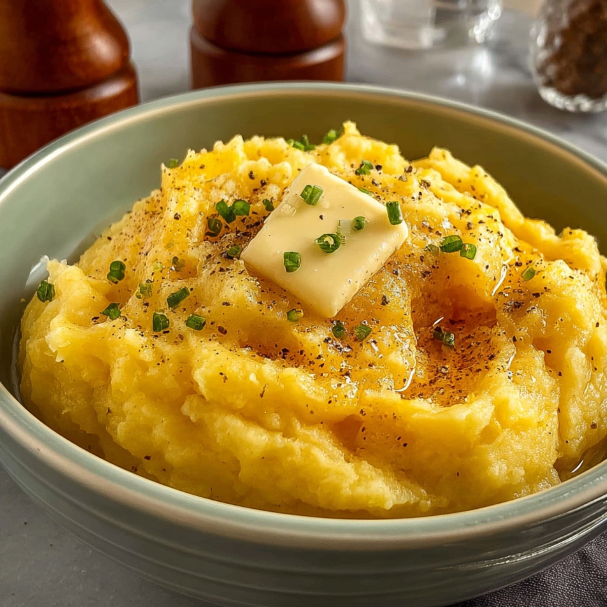 A small bowl of mashed potato squash topped with a pat of butter, chopped chives, and black pepper.