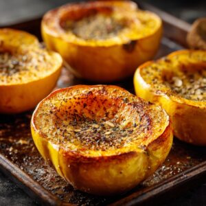 Roasted halves of mashed potato squash on a baking tray, seasoned and golden-brown from the oven.