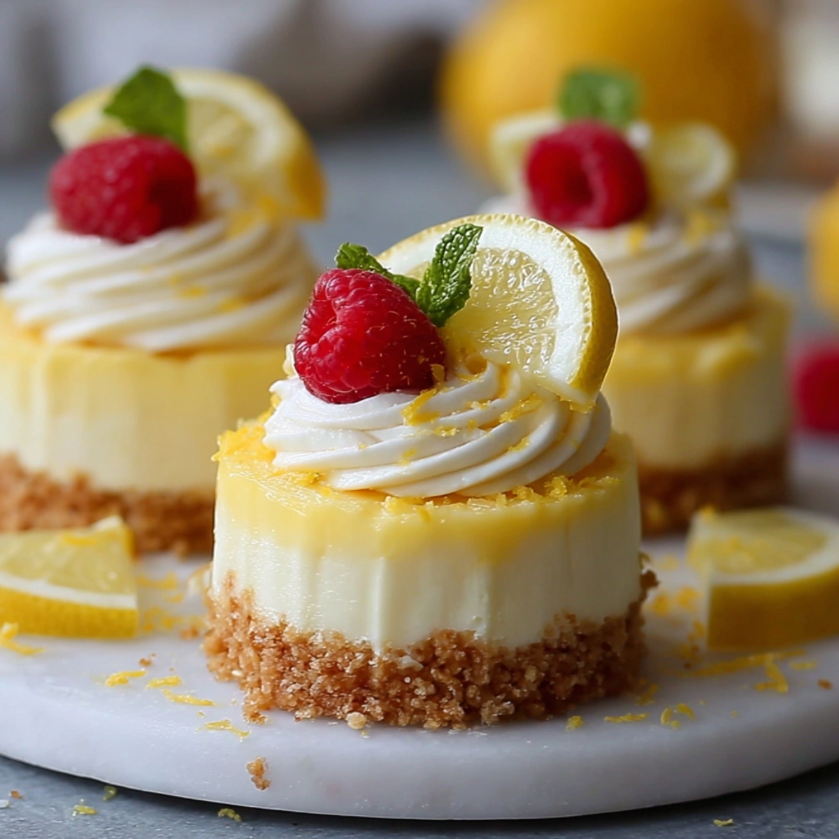 Beautiful mini lemon cheesecakes topped with whipped cream, fresh raspberries, lemon slices, and mint leaves, arranged elegantly on a marble serving board.