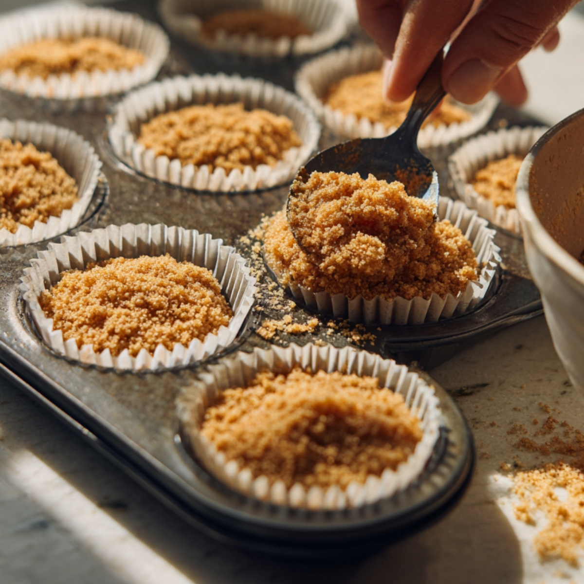A close-up of a hand pressing graham cracker crust mixture into muffin liners using a spoon, with sunlight highlighting the golden crumbs.
