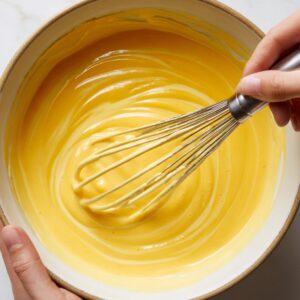 Hands holding a mixing bowl filled with smooth, glossy yellow passion fruit and condensed milk mixture while a metal whisk stirs the blend.
