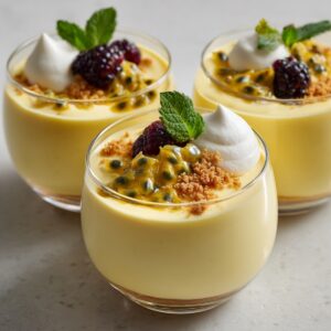 A small glass cup filled with creamy yellow passion fruit mousse, topped with fresh passion fruit seeds, crumbled graham crackers, a blackberry, a dollop of whipped cream, and a mint leaf.