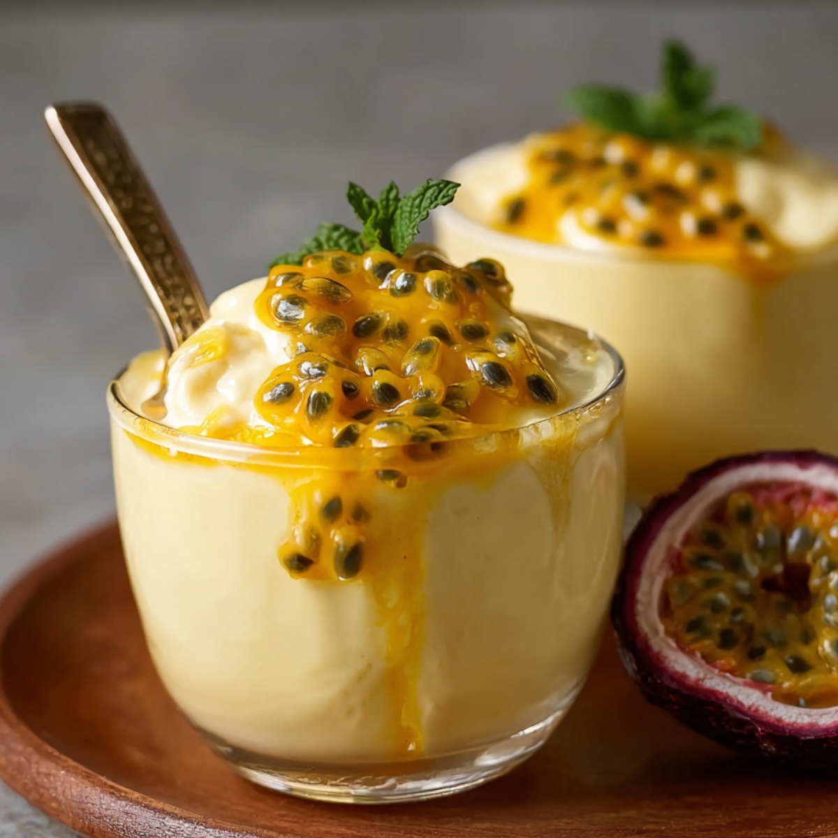 A small glass filled with fluffy passion fruit mousse topped with a generous layer of passion fruit pulp and seeds, garnished with a mint leaf, with a halved passion fruit on the side.