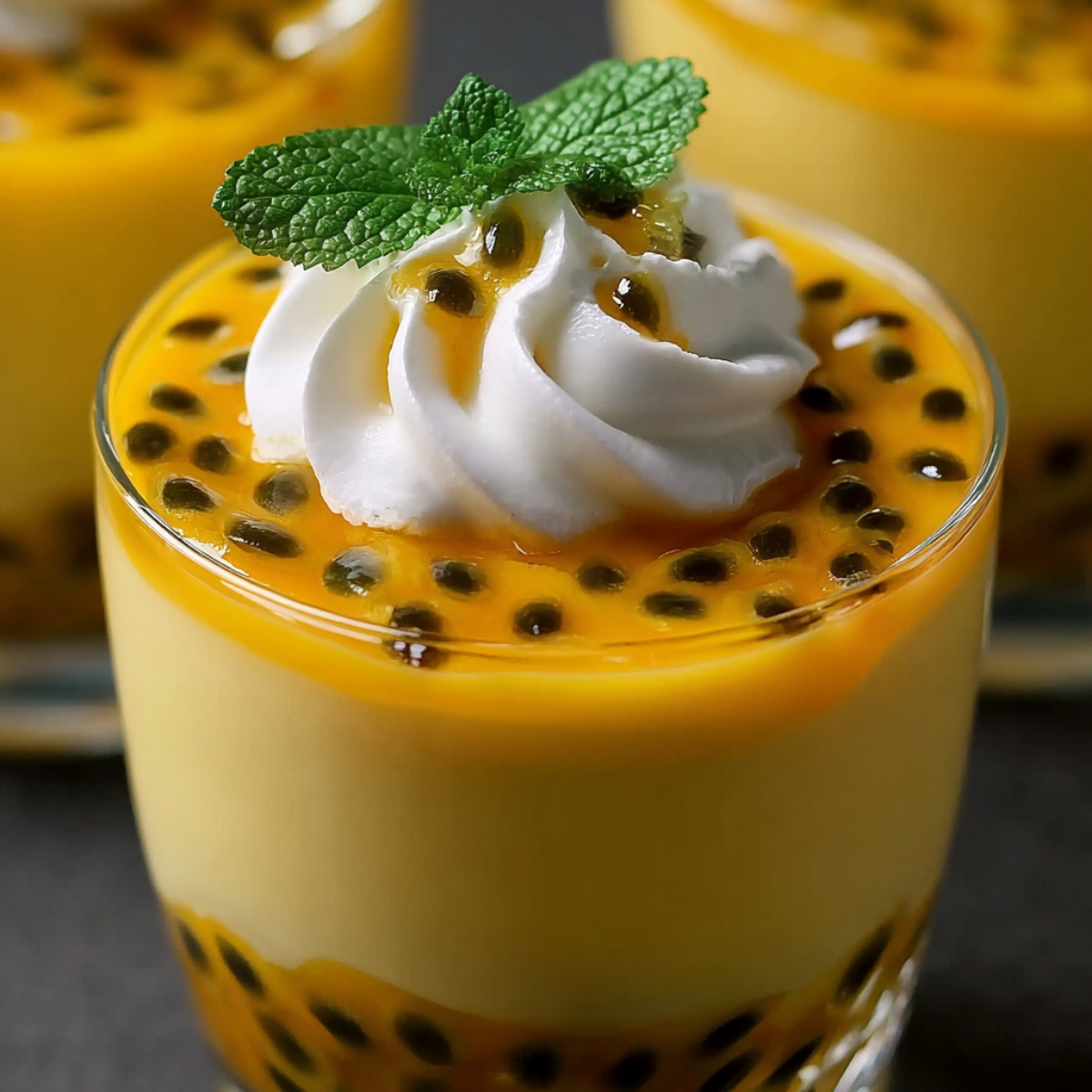 A glass of passion fruit mousse layered with creamy yellow custard and topped with vibrant passion fruit pulp, whipped cream, and a fresh mint leaf.