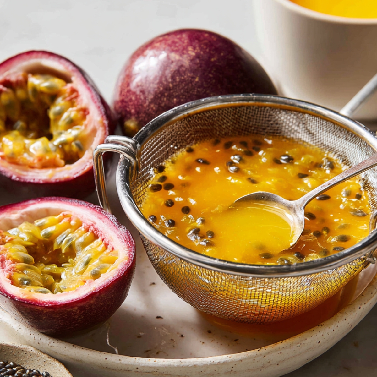 Halved passion fruits next to a fine-mesh strainer filled with bright orange passion fruit pulp and seeds, with a spoon pressing the mixture to extract juice, all arranged on a ceramic plate.