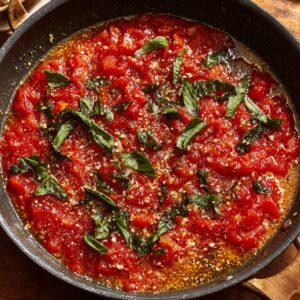 Easy Pasta Alla Norma Recipe 17 A skillet filled with chunky tomato sauce simmered with olive oil and scattered with fresh basil leaves and grated cheese on top.