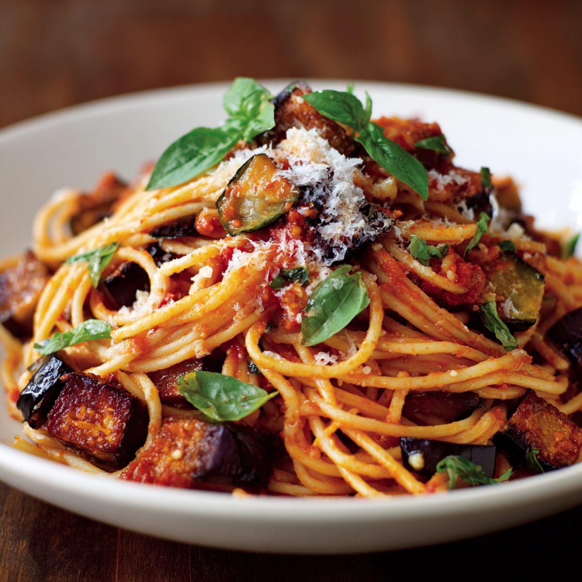 Easy Pasta Alla Norma Recipe 13 A bowl of spaghetti alla Norma topped with chunks of golden fried eggplant, bright tomato sauce, grated cheese, and fresh basil leaves.