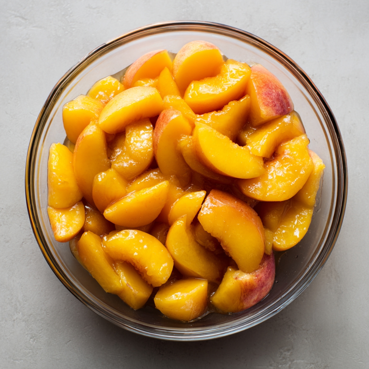 Bowl filled with fresh sliced peaches coated in a glossy, juicy syrup.