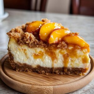 Slice of peach crumble cheesecake with a thick crumble topping and glossy peach slices, served on a wooden plate.