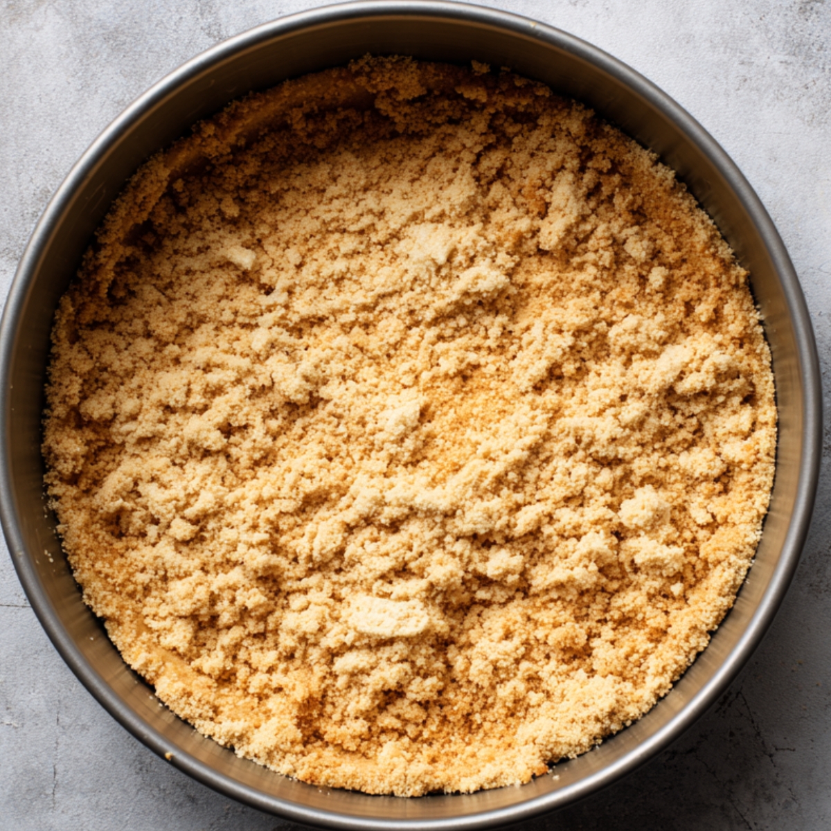 Pressed graham cracker crust in a round springform pan, ready for cheesecake filling.