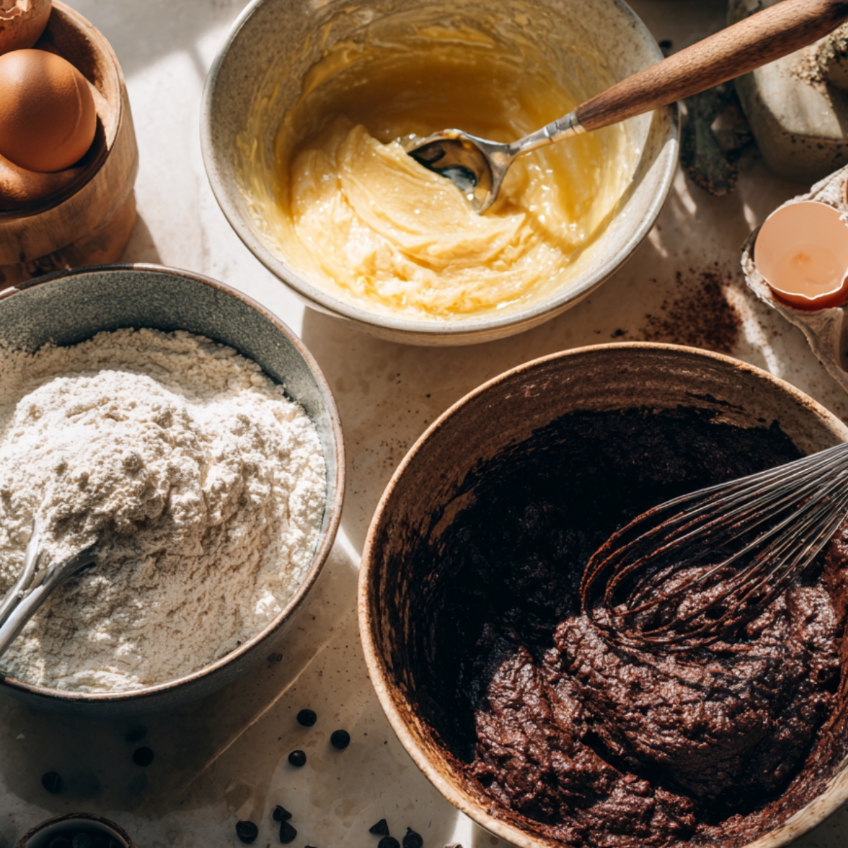 The Best Peanut Butter Brownie Swirl Cookies Recipe 10 A baking setup with bowls containing brownie batter, peanut-butter dough, and dry ingredients. Broken eggshells, chocolate chips, and whisks are scattered around the workspace in natural sunlight.