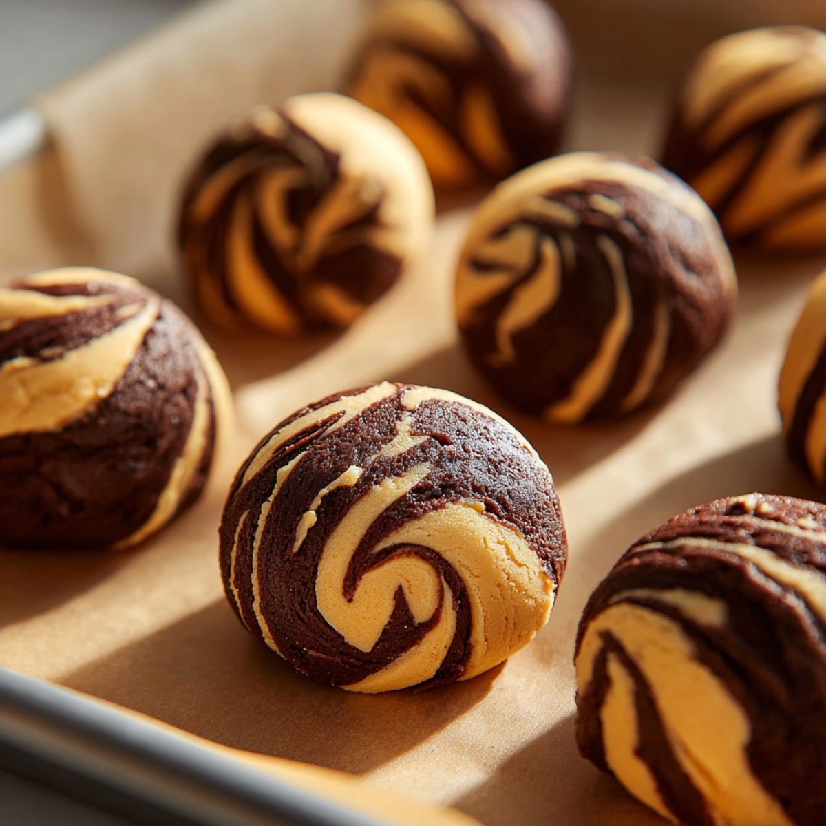 The Best Peanut Butter Brownie Swirl Cookies Recipe 11 Close-up of marbled cookie dough balls on a baking sheet. The dough shows dramatic swirls of dark chocolate brownie dough and light peanut-butter dough, ready to bake.