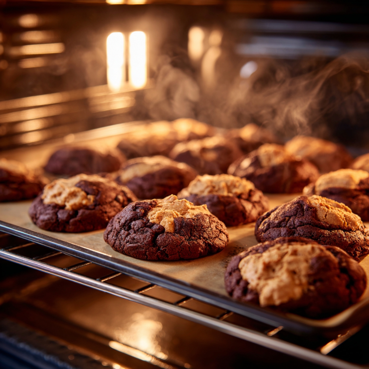 The Best Peanut Butter Brownie Swirl Cookies Recipe 12 Cookies baking in the oven on a parchment-lined tray, with dark brownie dough and puffed golden peanut-butter swirls. Warm oven light and visible steam create a freshly baked look.