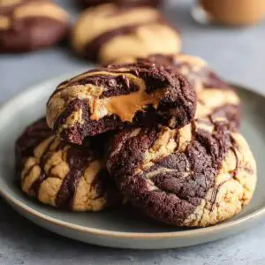 The Best Peanut Butter Brownie Swirl Cookies Recipe 18 A chocolate-and-peanut-butter swirl cookie broken open to reveal a gooey caramel-like peanut-butter center. The cookie has a soft, marbled texture.