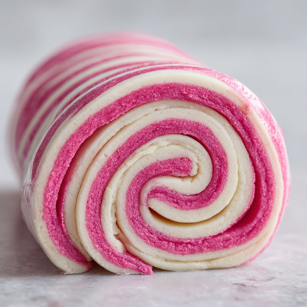 A close-up of a tightly rolled log of pink and white cookie dough, showing a clean spiral pattern for peppermint swirl cookies.