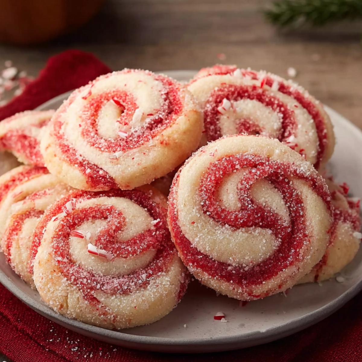 A plate of peppermint swirl cookies coated in sugar, with red and white spiral centers and crushed peppermint pieces sprinkled on top.