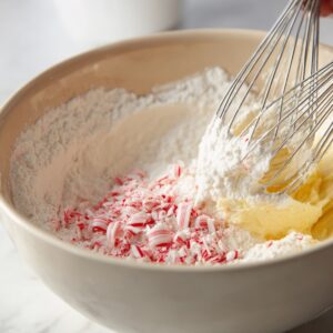 A mixing bowl filled with flour, powdered sugar, crushed candy canes, and softened butter being combined with a whisk to make peppermint cookie dough.